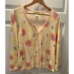Sigrid Olsen Cardigan Button Up Cotton Yellow Pink Floral Sweater Womens Large